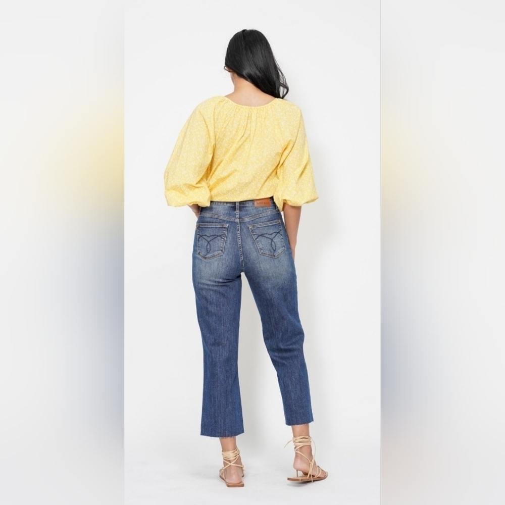 Judy Blue HR Wide Leg Raw Hem Cropped Denim Jeans Embroidered Pockets 5/27 - Picture 10 of 12